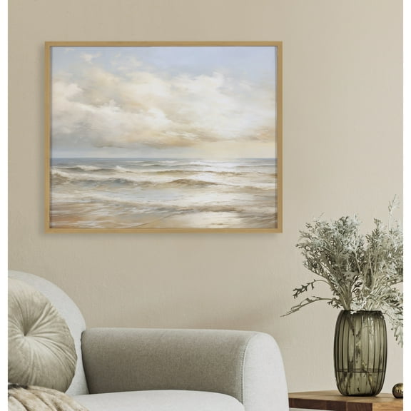 Kate and Laurel Beach Waves Sunset Cloud Landscape Framed Wall Art by The Creative Bunch Studio, 20x16 Gold, Modern Ocean Waves Art for Wall