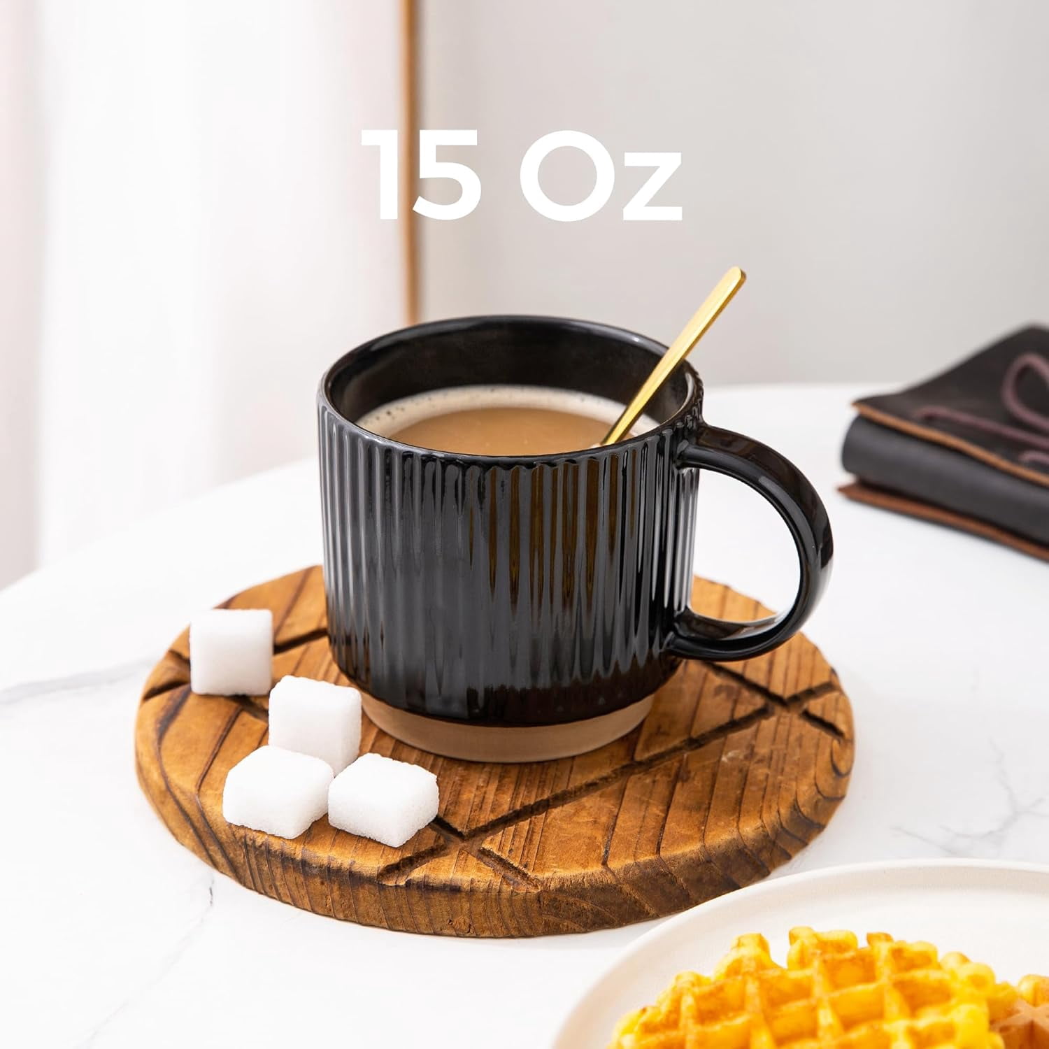 AmorArc 15OZ Stackable Coffee Mugs, Ceramic Coffee Mugs with Texture Patterns for Man,Woman,Dad,Mom, Modern Coffee Mugs Set of 4 for Latte/Cappuccino/Cocoa. Dishwasher&Microwave Safe, Black