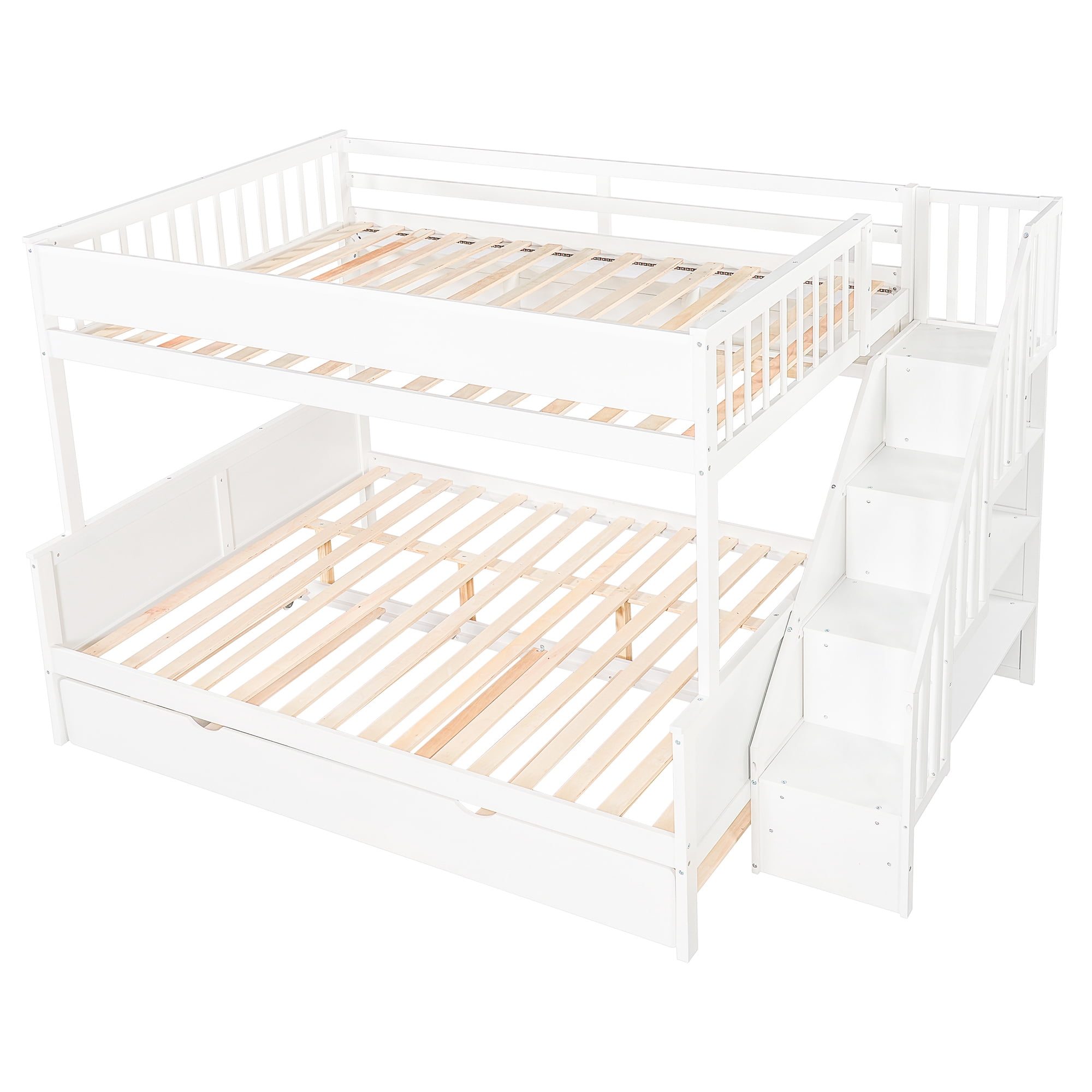 Euroco Full XL over Queen Bunk Bed with Storage Staircase and Shelves, Wood Bed with Trundle and LED Light, White