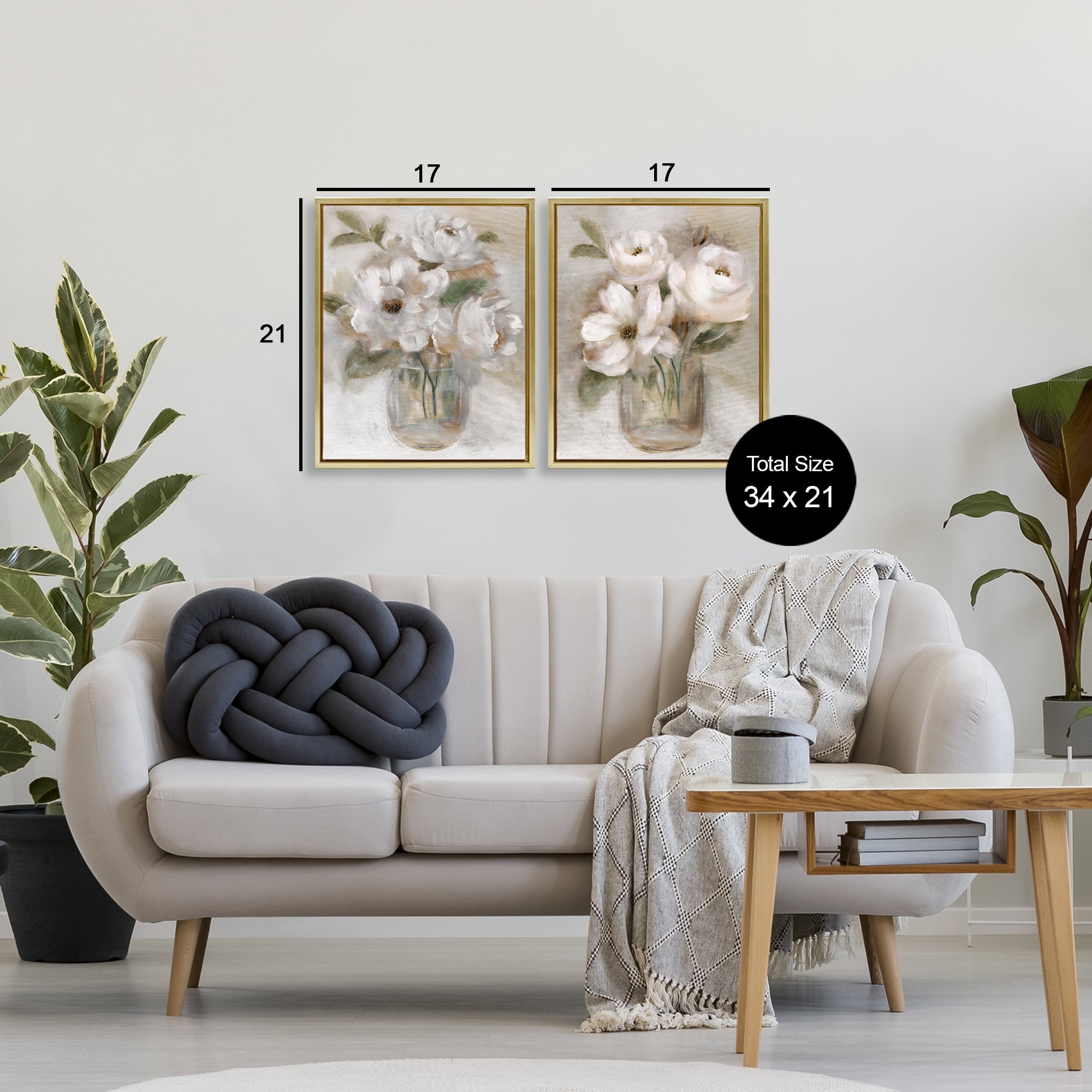 Stupell Industries Brushed White & Beige Roses 2 Piece Gold Framed Floater Canvas Set, design by Nan