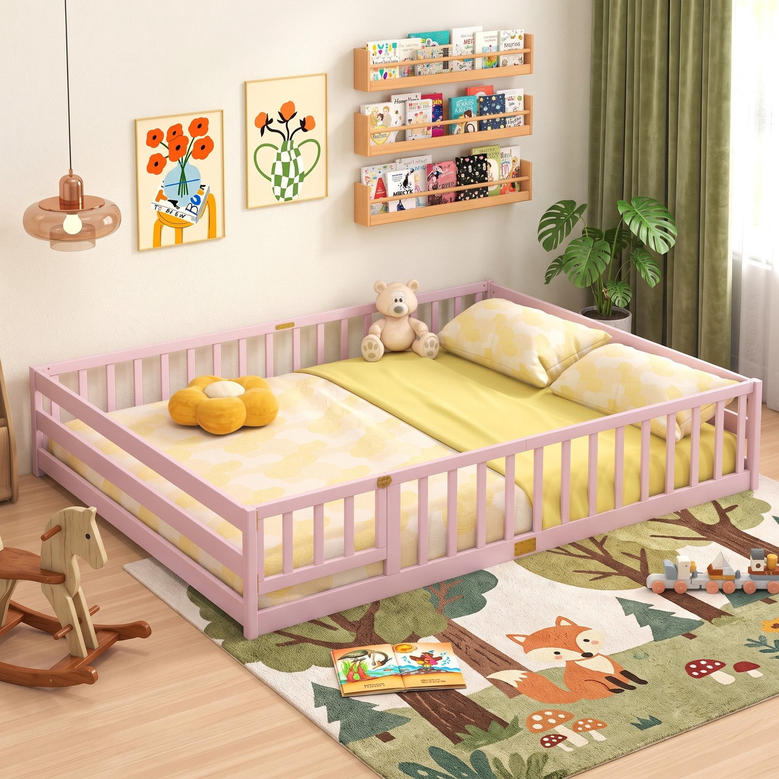 Furnibear Queen Size Wood Montessori Floor Bed Frame with Full Length Guardrails and Lockable Gate, Queen Bed Frame for Kids Bedroom, Pink