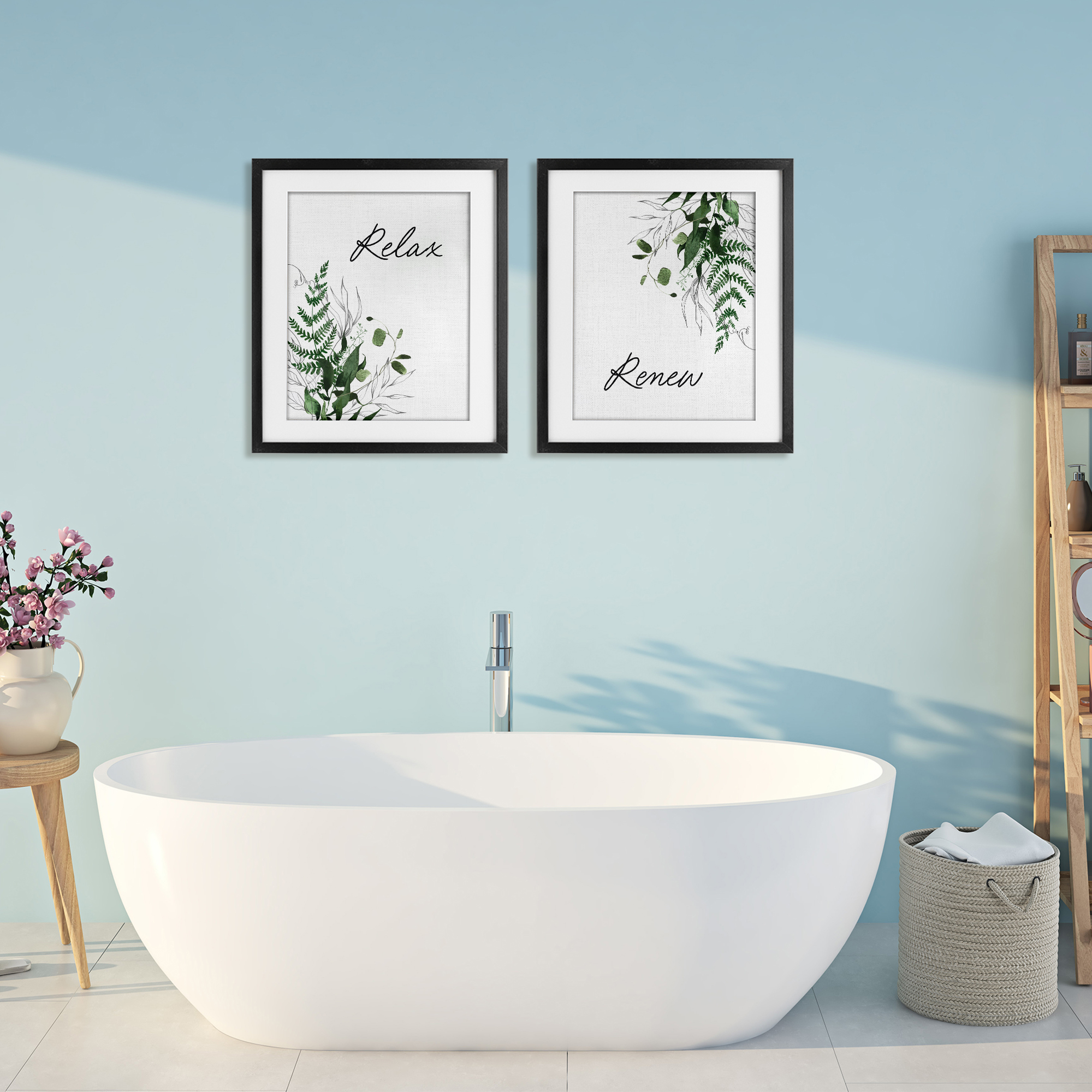 Relax Renew Botanical Leaves 2 Piece Black Framed Print Under Glass Set, design by Lettered and Lined