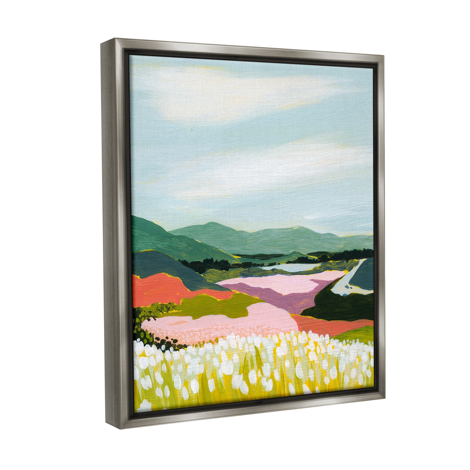 Stupell Industries Reeds & Distant Mountains Landscape Painting Gray Floater Framed Canvas Art Print Wall Art, 25 x 31