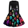 thumbnail image 2 of Women's Halloween Dress Pumpkin Candy Crew Neck Hepburn Cocktail Casual Dresses Long Sleeve 1950s Cute Funny Dress with Belt M, 2 of 5