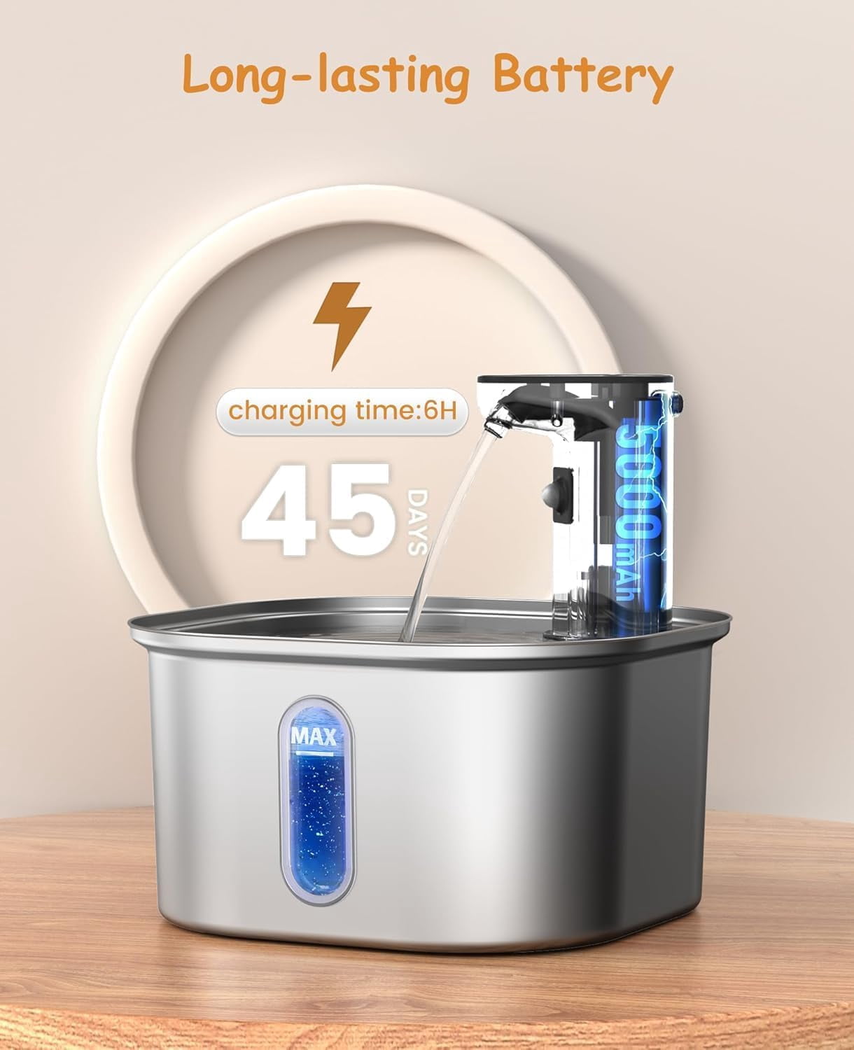 Wireless Cat Water Fountain Stainless Steel 304 + 4 Filters 108oz 3.2L 5000mah Rechargeable Battery Operated Cat Water Fountain Cordless, Automatic Pet Dispenser with Motion Sensor for Cats Dogs