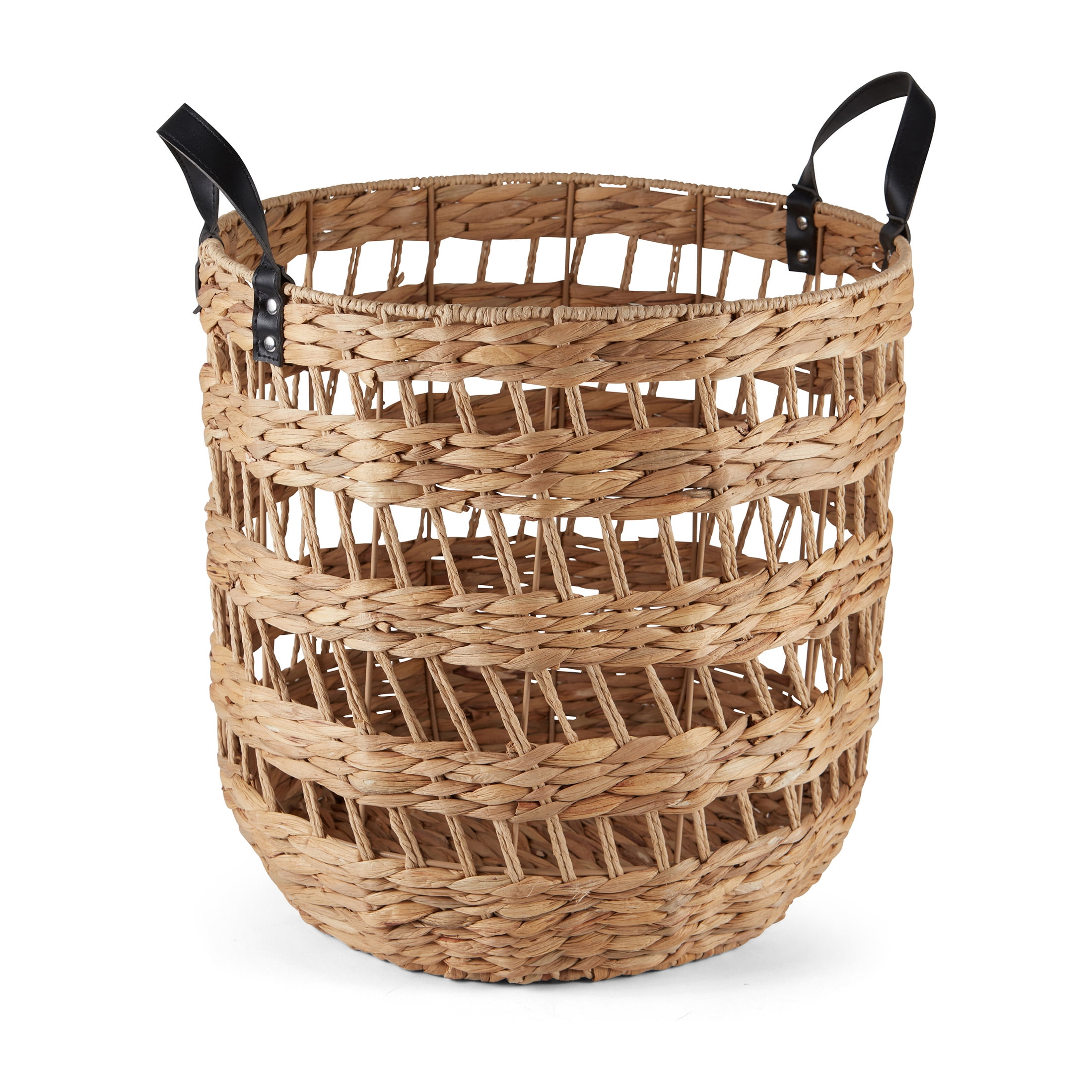 Better Homes & Gardens 2-Pack Round Storage Baskets, Woven Fabric, Black Faux Leather Handles, Natural, 14.5"D x 16.5"H – Decorative Bin for Blankets, Toys, Home Organization