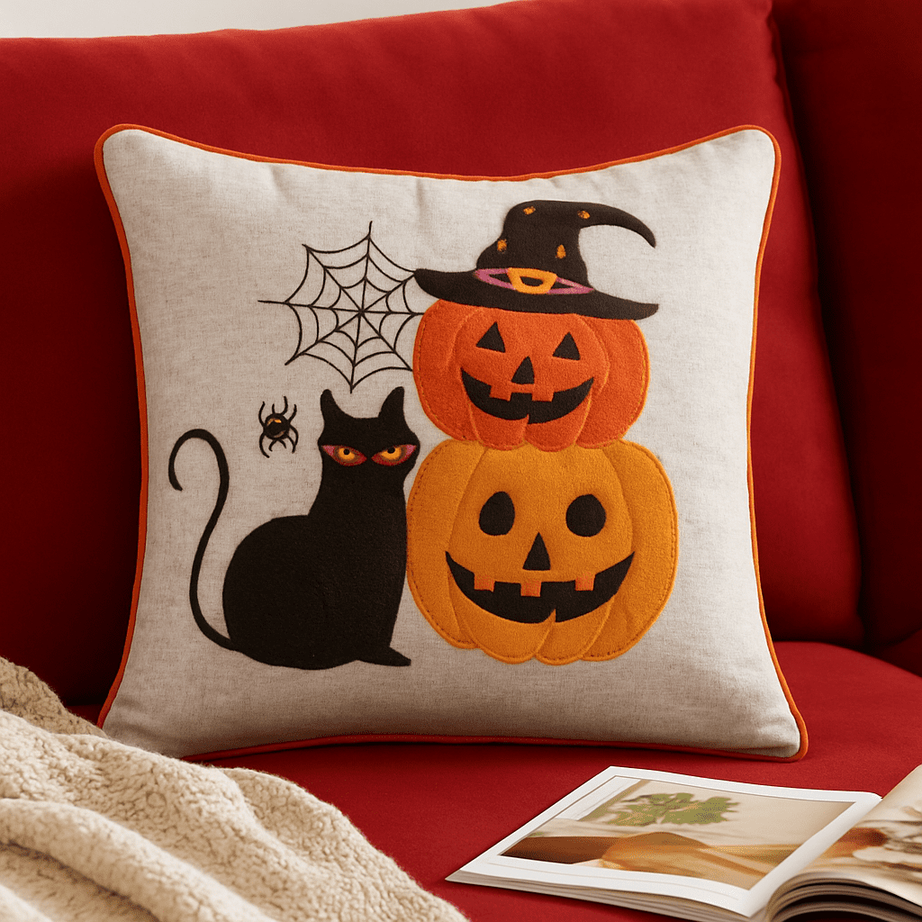 Halloween Embroidered Black Cat Throw Pillow 20x20 Inch Linen-Look Fabric for Sofa Bed Seasonal Decor