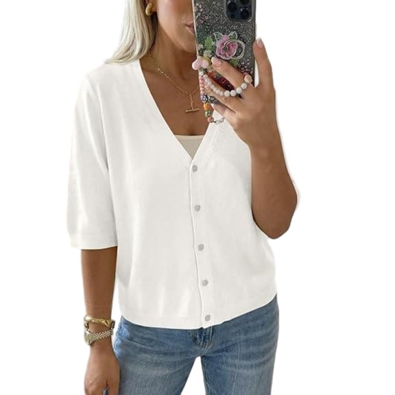Women Short Sleeve Cardigan Casual V Neck Sweater Top