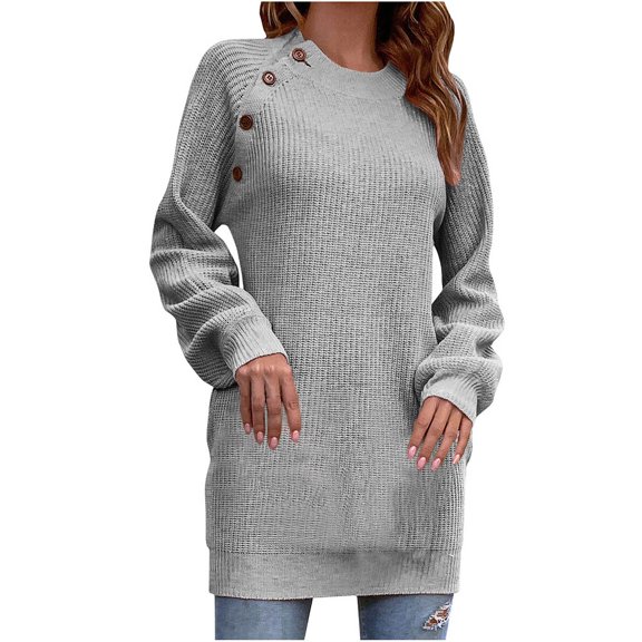Womens Fall Fashion 2022! QLEICOM Sweaters for Women, Women's Fashion Autumn Winter Solid Color Button Crew Neck Sweater Long Sleeve Pocket Dress On Clearance
