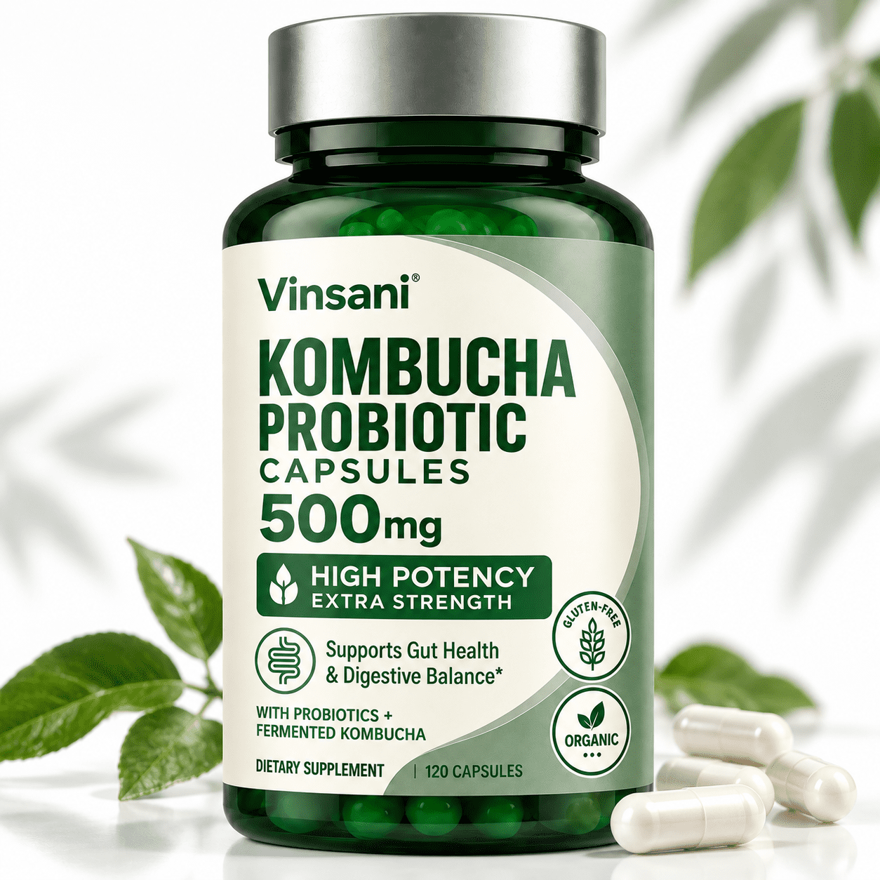 Kombucha Probiotic Dietary Supplement Capsules, 120 Count, High Potency Formula with Fermented Kombucha, Supports Gut Health & Digestive Balance, Organic Gluten Free