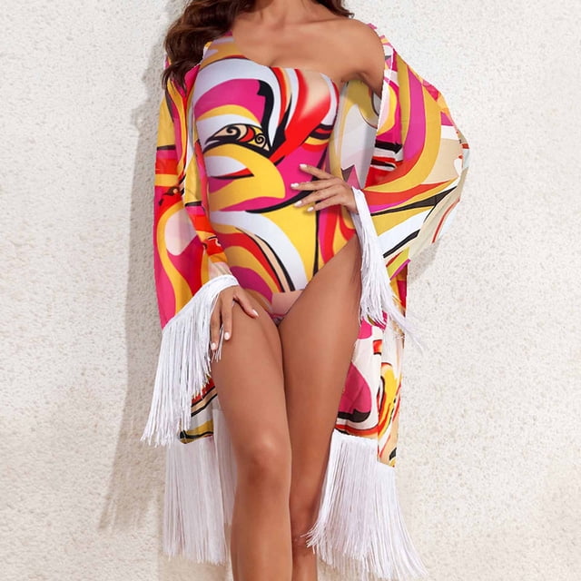 LSLJS Bikini de Bain pour Femmes à Épaules Inclinées, Protection Solaire, Haut en Mousseline à Manches Longues avec Franges, Ensemble Deux Pièces, Maillots de Bain pour Femmes