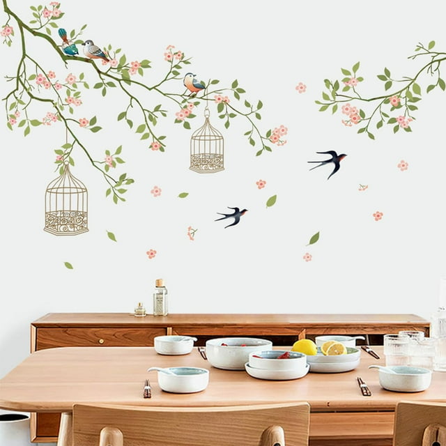 Calcomanías de flores de cerezo para pared, pegatinas de pared de árbol y pájaros, pegatinas de pared florales grandes y murales, calcomanías de pared de flores