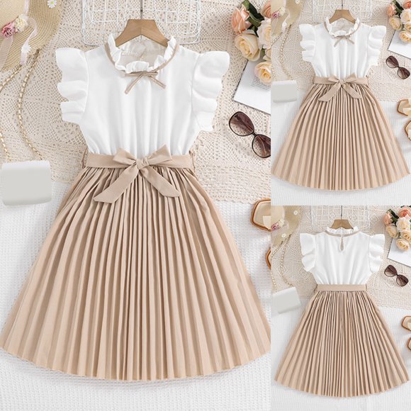 SXcggal One Kids Children Girls Summer Sleeveless Patchwork Color Dress With Belt Casual Dress For Girls Beautiful Fashionable Cute Children Dress