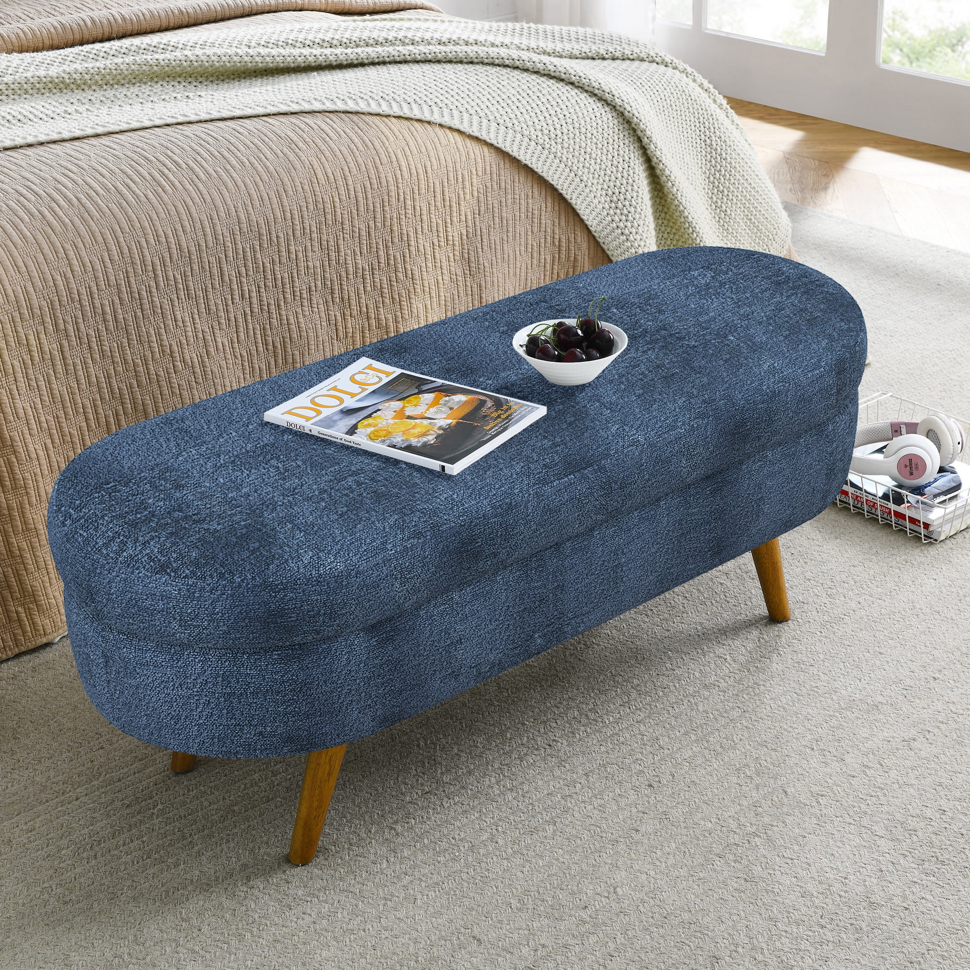 Gewnee Storage Ottoman Solid Rubberwood Legs Footstool Seat, Soft Cushion, with Storage Function, 26lbs, Suitable for Any Room（Dark Blue）