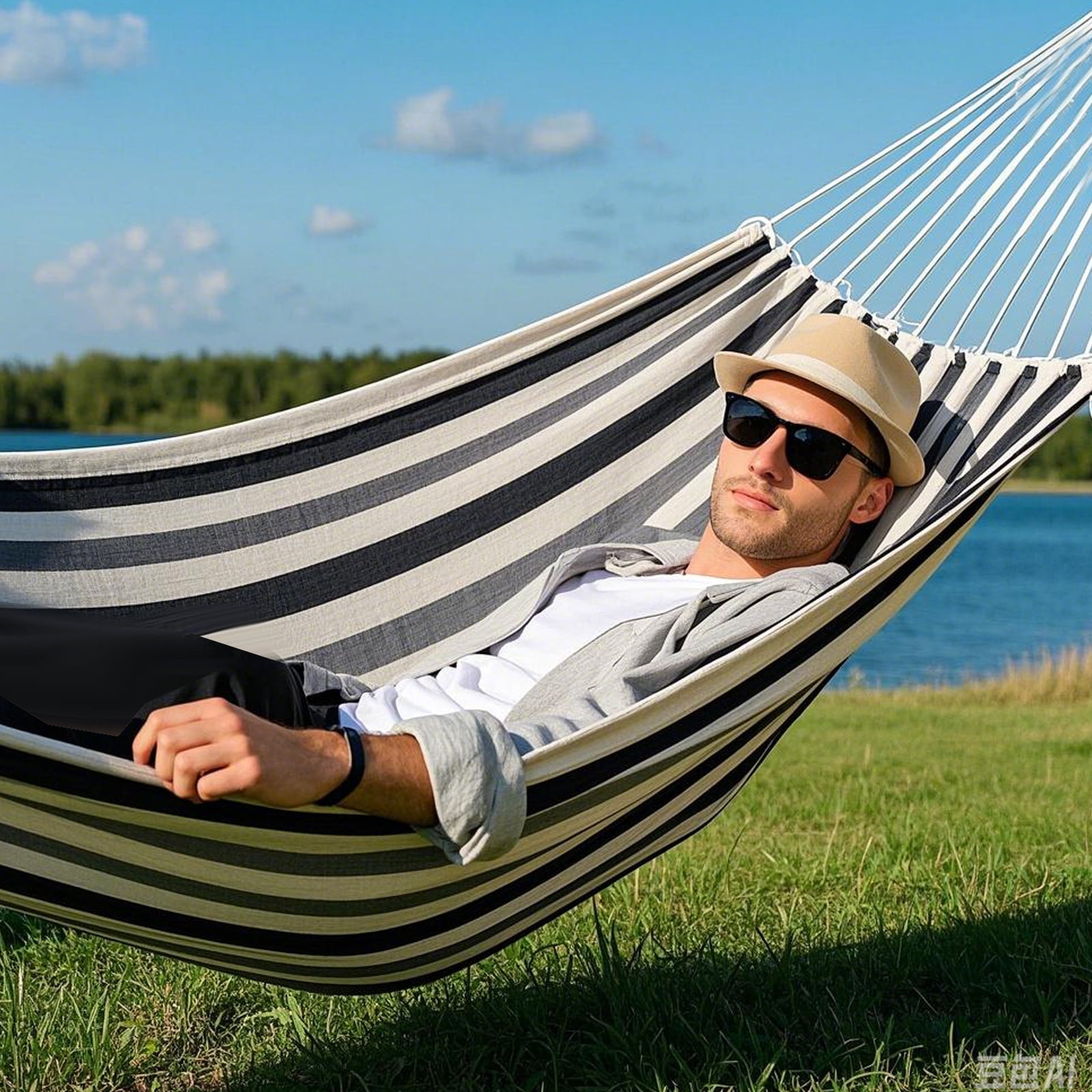 Double Hammock with Stand Sturdy 440lbs Capacity Hammock for Camping Outside Garden Outdoor Indoor Patio Backyard, Black White