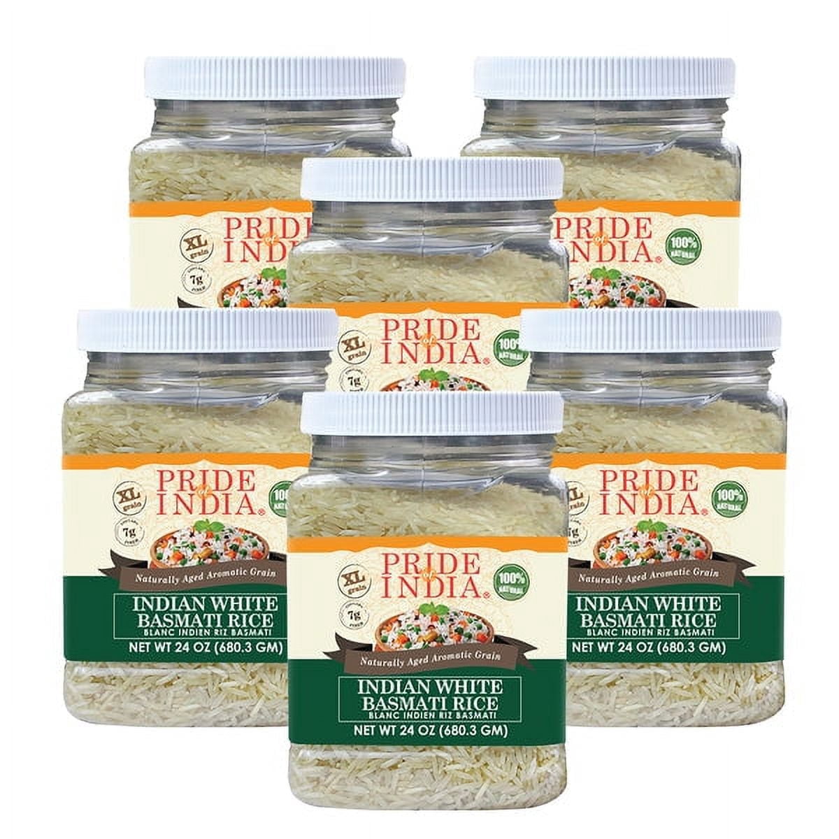 Pride Of India - Pack of 6 - Naturally Aged White Basmati Rice, Extra Long Grain, 1.5 lbs Jar, Gluten-Free