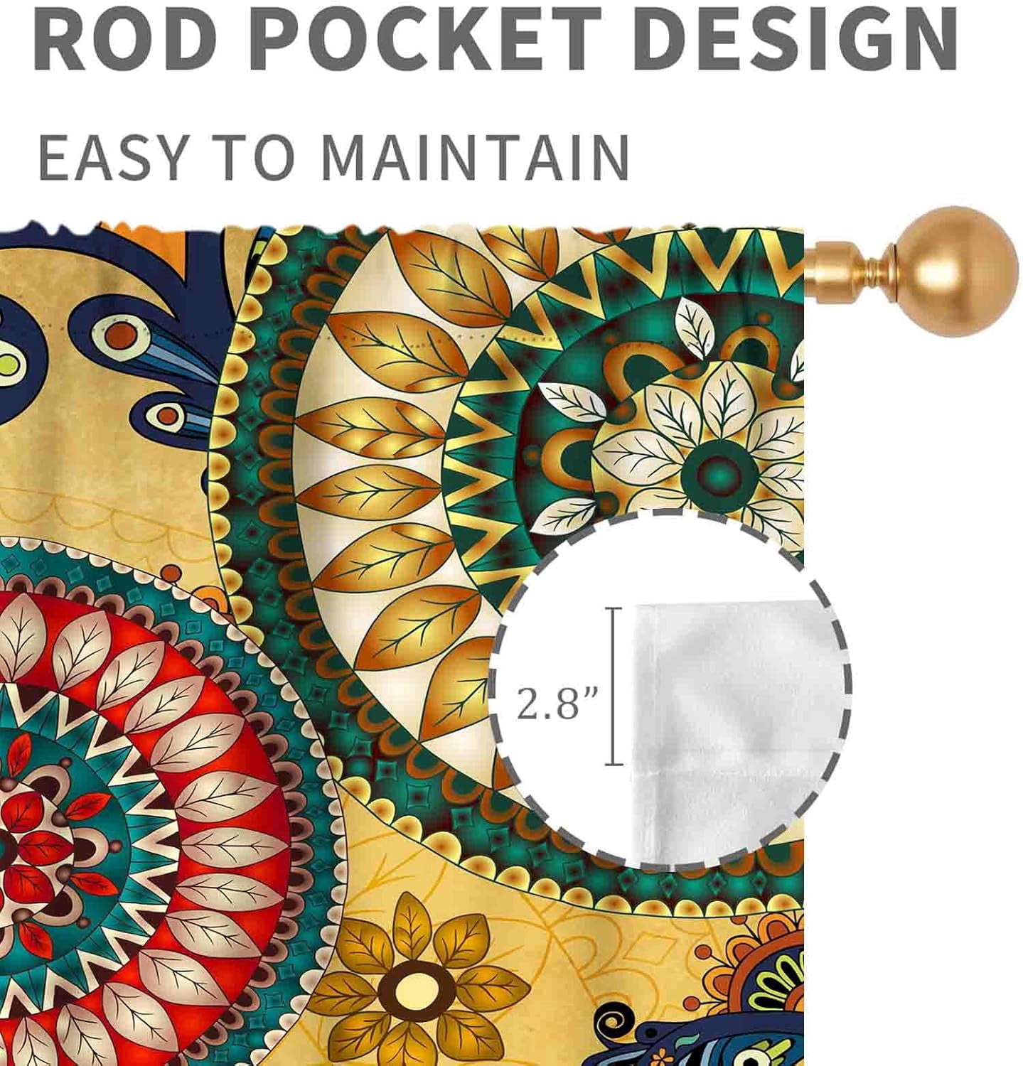 Mandala Curtains, Boho Retro Vintage Paisley Mandala Indian Print Bohemian Traditional Blackout Window Curtains for Living Room Bedroom Kitchen Bathroom 2 Panels, 84"x63" Inch