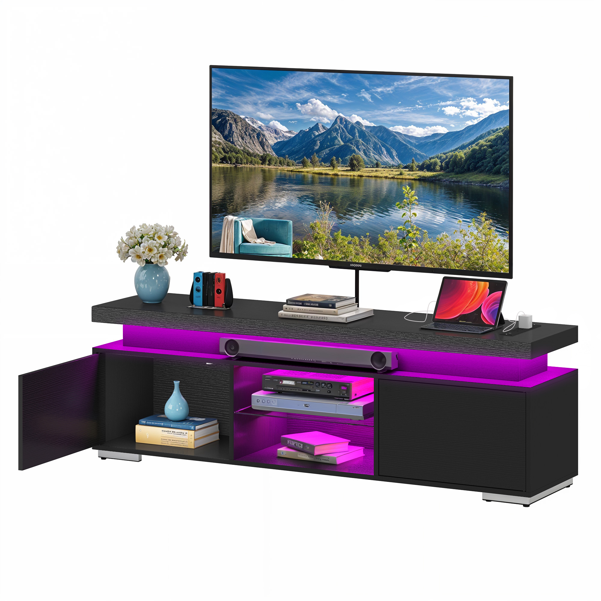 Uforic TV Stand for 65 inch TV with LED Light, Modern Entertainment Center TV Console Media Cabinet, Black