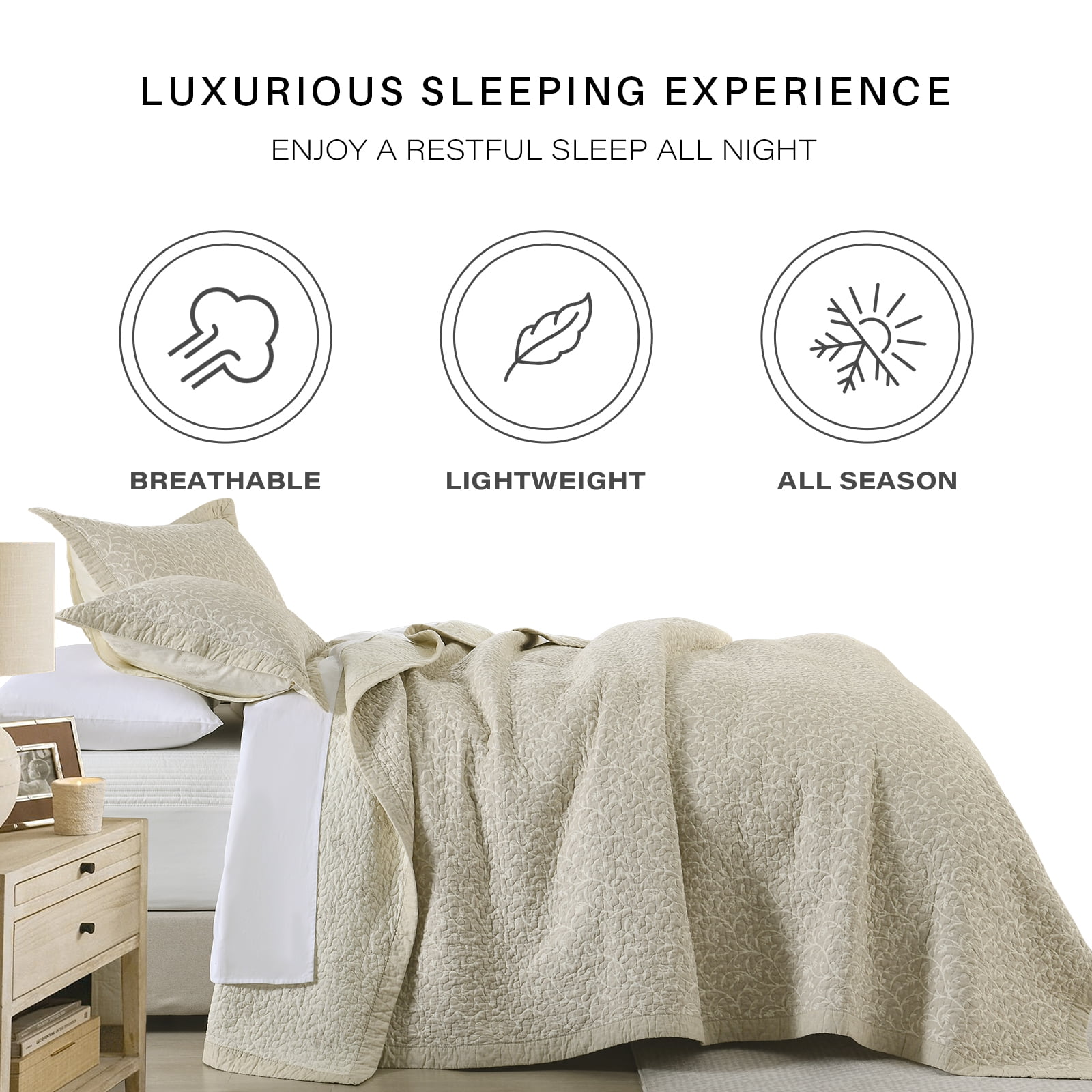 CozyDH 3-Piece Farmhouse King Size Quilt Set - 100% Cotton Classic Bedspread with 2 Shams, Oatmeal Vine Pattern