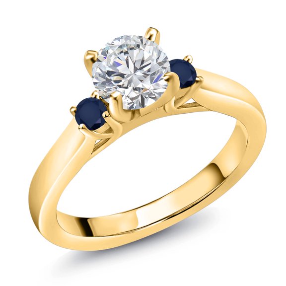 Gem Stone King 18K Yellow Gold Plated Silver Lab Grown Diamond and Blue Sapphire Engagement Ring for Women | 0.86 Cttw | Round 6MM | Gemstone April Birthstone | Size 6