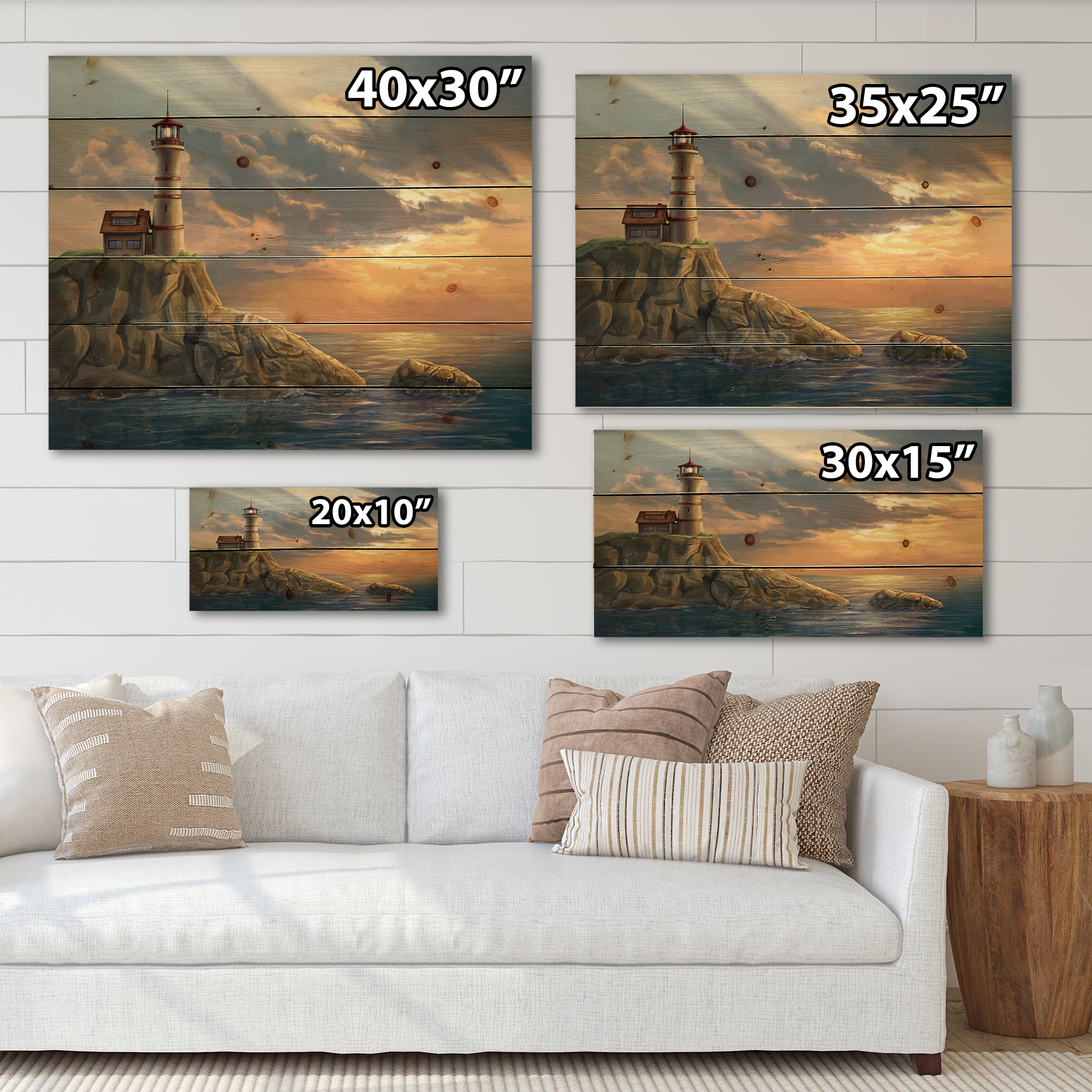 Designart 'Lighthouse On A Rocky Coastal Cliff At Evening Light' Nautical & Coastal Print on Natural Pine Wood