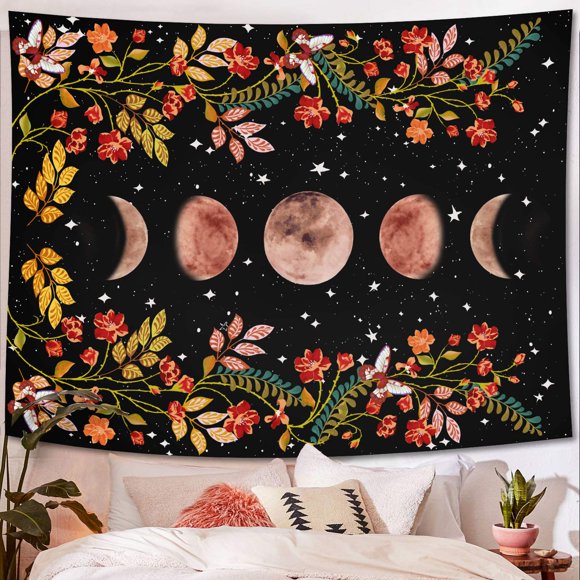 Lifeel Moonlit Garden Tapestry Moon Phase Surrounded by Vines and Flowers Black Wall Decor Tapestry 60?80 inches