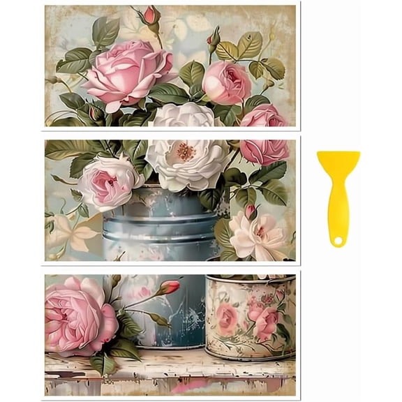 Rub on Transfer Decal Sticker DIY for Furniture Craft Decor 6"x12" Retro Canned Flowers 3Pcs Waterproof UV DTF Transfer DIY for Drawer Dresser Glass Porcelain Wood Plastic
