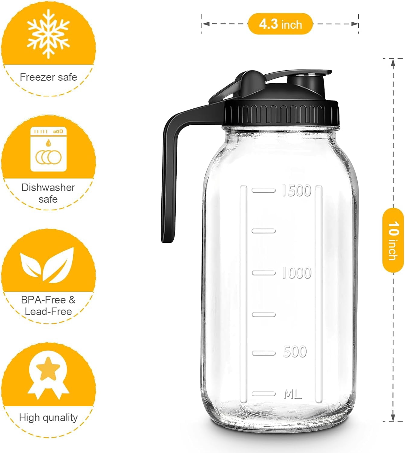 64oz Glass Mason Jar Pitcher with Lid 2 Quart Breast Milk Pitchers Pour Spout Juice Jug Coffee Iced Tea Container for Fridge Leak-Proof Water Handle Party Outside & Daily Use