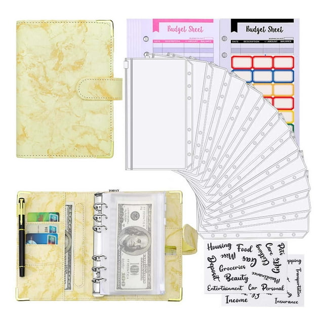Graflsoa A6 PU Leather Budget Planner with 12 Colorful Sheets, Zipper Pockets, and Stickers in Marble Design (Yellow)