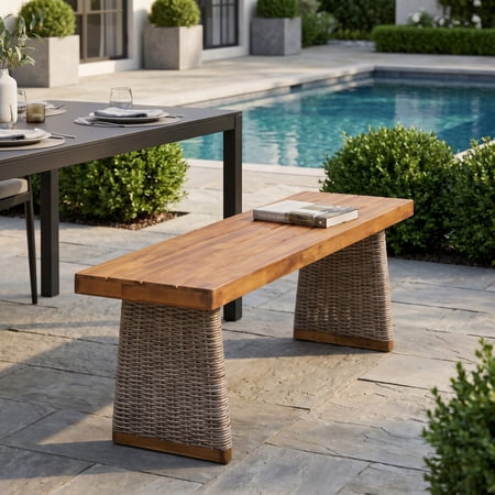 Christopher Knight Home 57" Outdoor Wood Benches with Slatted Seats and Rattan Legs, Brown