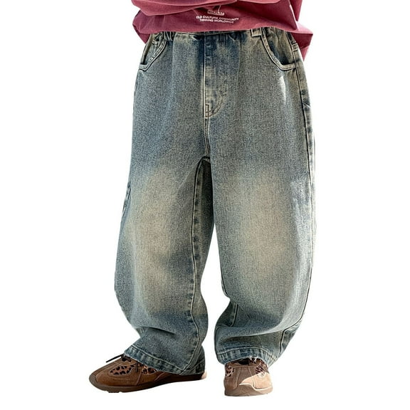 Aihuaihua Boys Baggy Jeans for Kids Tween Wide Leg Cargo Jeans Y2K Loose Elastic Waist Denim Pants Trousers with Pockets