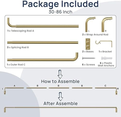 Blackout Curtain rod for windows 48 to 84, Wrap Around Curtain Rods for Bedroom, Living Room, Adjustable from 30 to 86 Inches, Gold