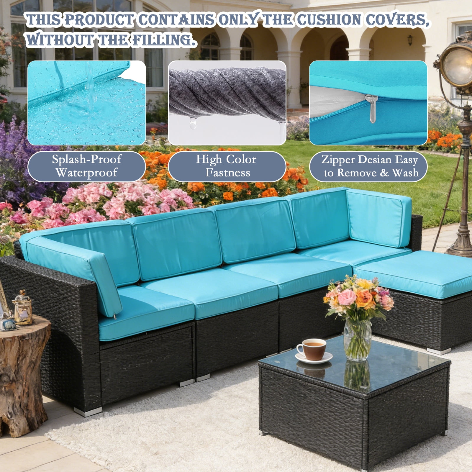 FKS LIFE 11 Pack Outdoor Patio Cushion Covers, Water Resistant Fade Resistant Washable Furniture Slipcovers for Sofa and Chairs,Cyan