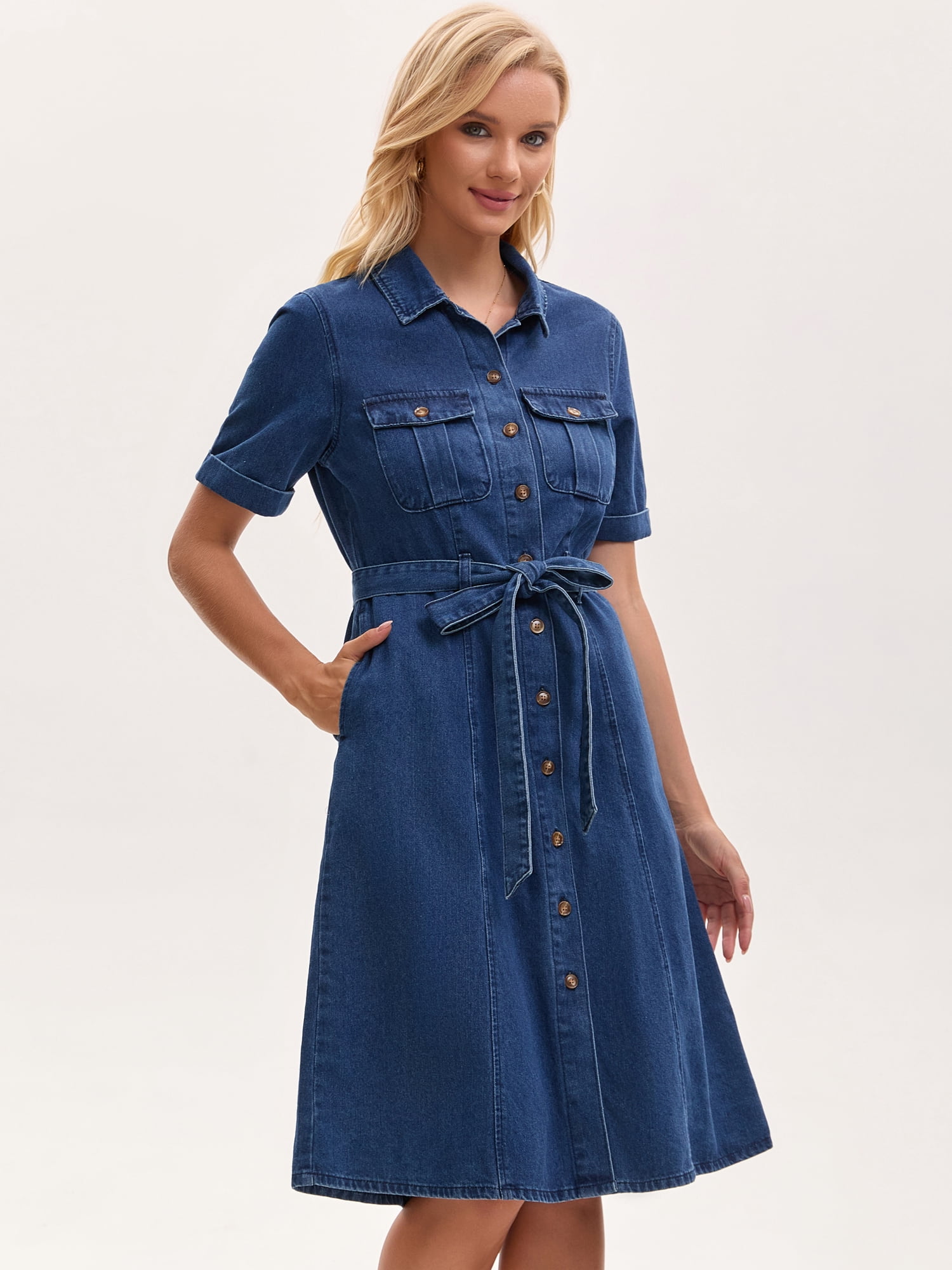 DARING DIVA Women's Denim Button Down Short Sleeve Belted Jean Shirt Dress XL Dark Blue