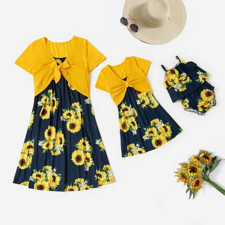 

Oulibao Fashion Sunflower Print Dress Romper Parent-Child Summer Mom & me Women Clothing || Yellow-Baby 6-9M