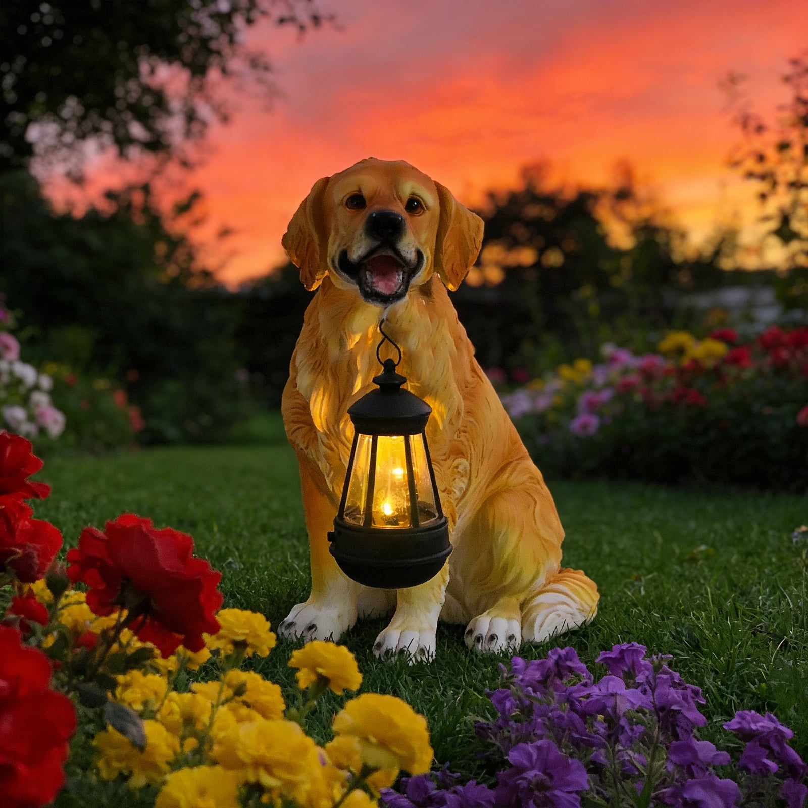 11.4 inch Dog Garden Statue with Solar Lantern,Golden Retriever,Resin Statue,Decor for Patio, Lawn & Outdoor Spaces
