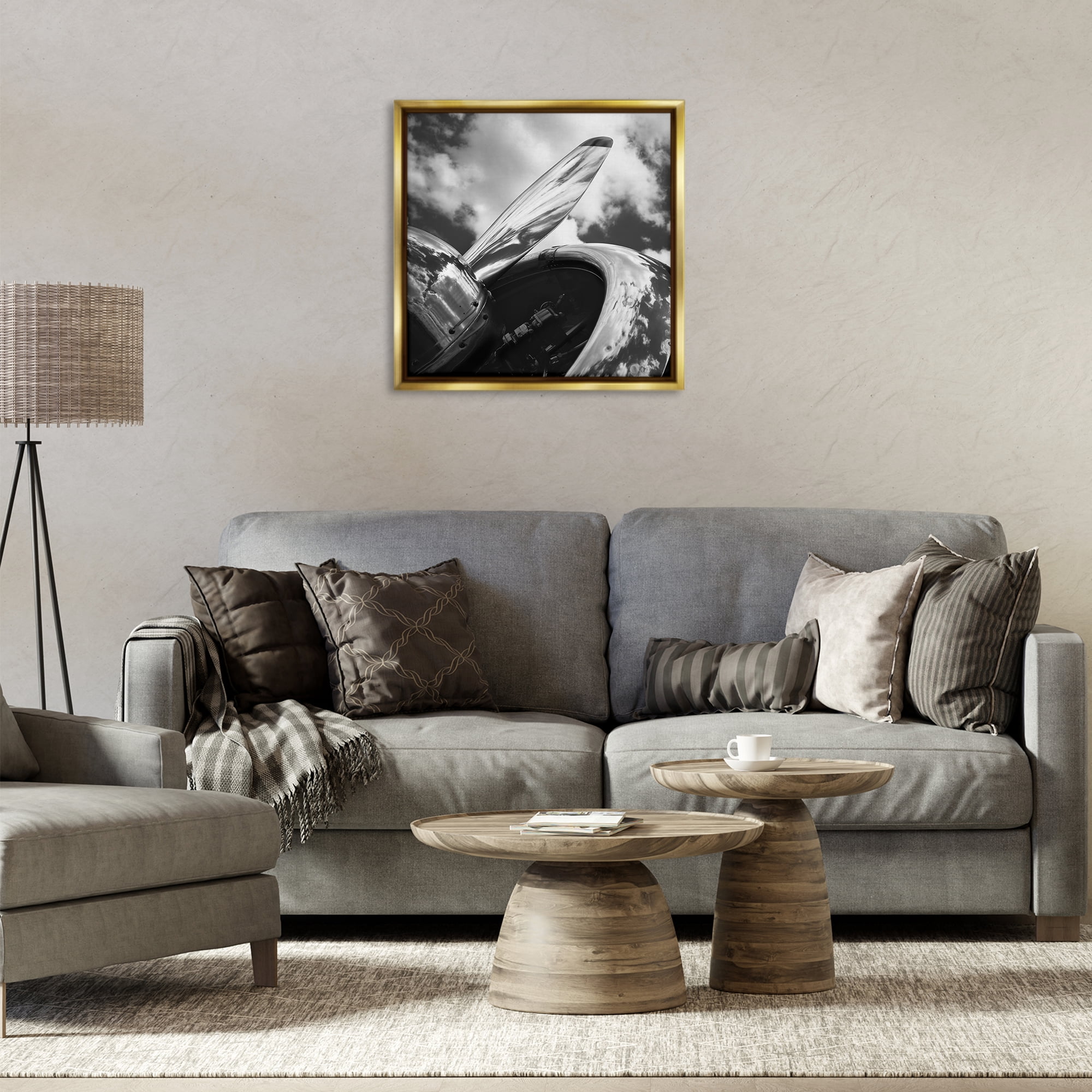 Stupell Industries Propeller with Cloud Reflection Transportation Photography Gold Floater Framed Canvas Art Print Wall Art, 25 x 25