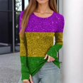 thumbnail image 2 of Womens Mardi Gras Shirts Sparkly Carnival Long Sleeve Blouse Feathers Print Crew Neck Holiday Tops Gold XL, 2 of 5