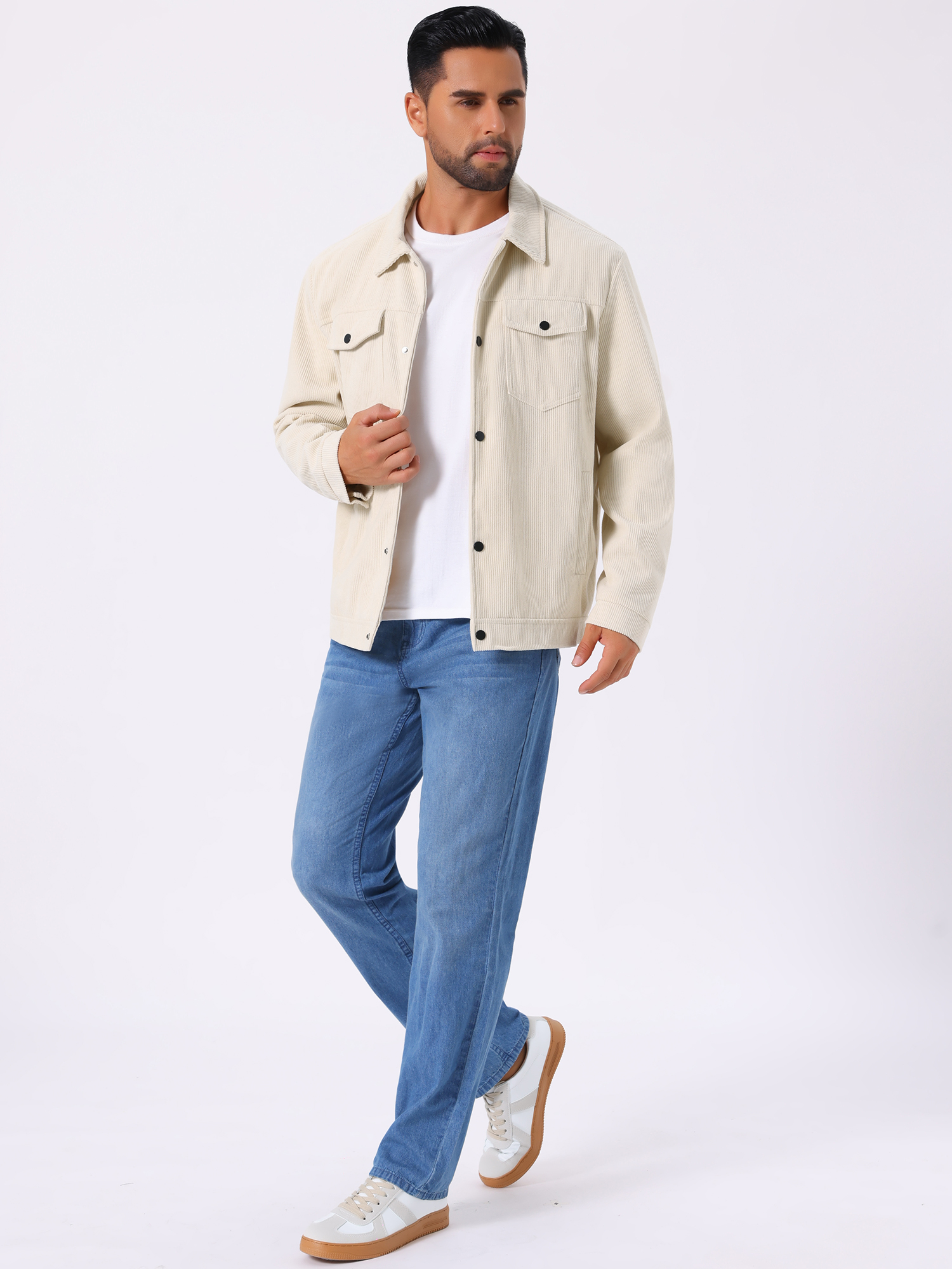 DARING DIVA Men's Solid Long Sleeve Button Pockets Corduroy Trucker Jacket M White
