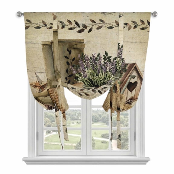 Vintage Farmhouse Balloon Curtains for Windows, Bedroom Curtains 54 Inch Length, Retro Country Boots Flowers Leaf Wooden Plank Tie Up Curtains Panels Insulated Bathroom Curtains Window 42"x54"