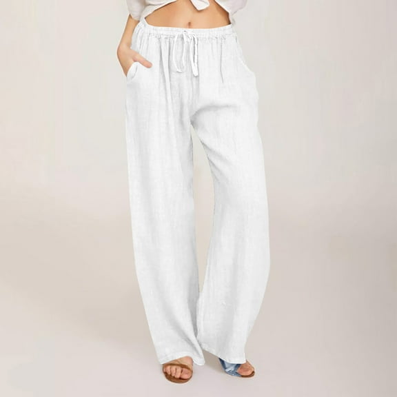 asjyhkr Womens Linen Pants Elastic Waist Drawstring Wide Leg Beach Vacation Hiking Casual Trousers with Pockets