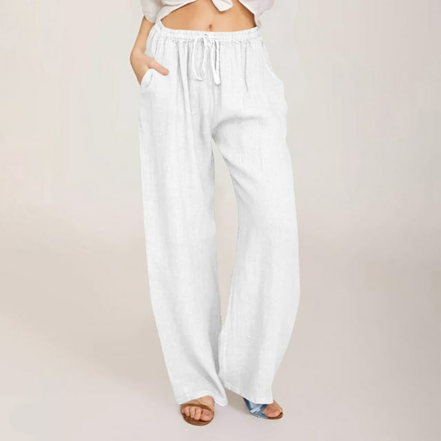 Meichang Womens Linen Pants Summer Wide Leg Pants with Pockets Elastic Waisted Drawstring Long Trousers Solid Color Cotton Linen Pants with Pockets