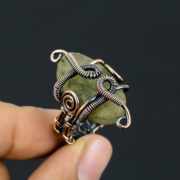 Natural Moss Prehnite Gemstone Handmade Copper Wire Wrap Ring Size 7