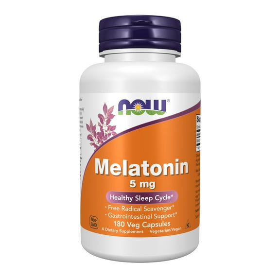 NOW Supplements, Melatonin 5 mg, Free Radical Scavenger*, Healthy Sleep Cycle*, 180 Veg Capsules