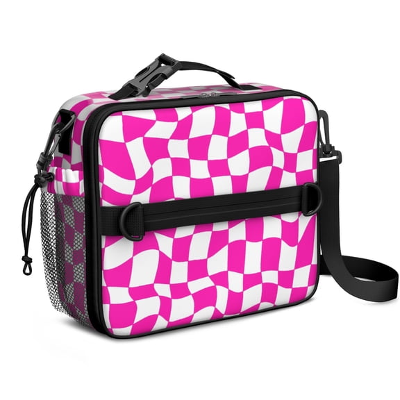 Pink and White Wavy Checkered Pattern Insulated Lunch Bag with Shoulder Strap and Bottle Holder,Bento School Lunch Bag Box,11x9.5x3.5 Inches