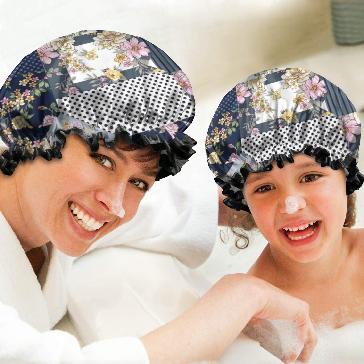 Shower Caps,Pioneer Flower Floral Print Pattern Waterproof Shower Cap for Women 4 Pieces,Double Reusable Hair Cover for Shower PEVA Elastic Stretch Hem