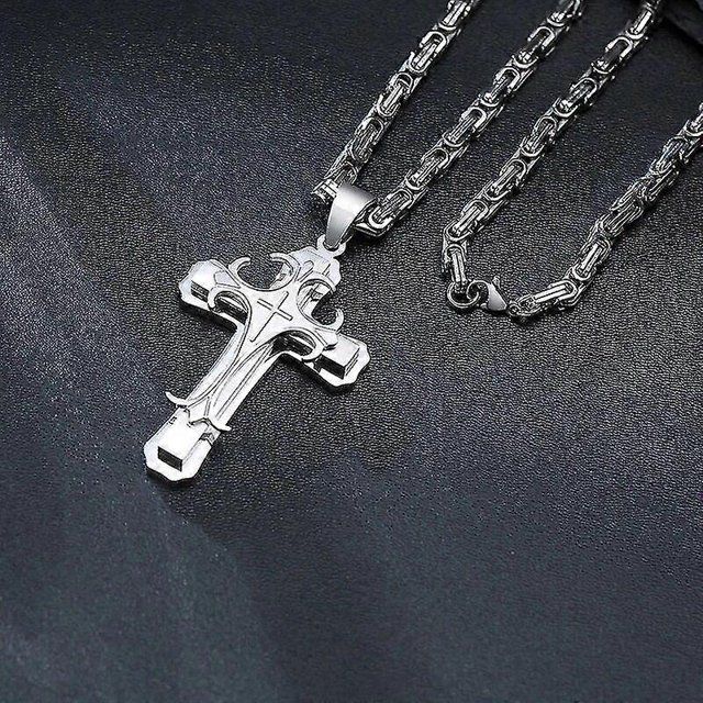 Collar con cruz para hombre con cadena bizantina de 4 mm, colgante de crucifijo católico de acero inoxidable estilo punk rock, joyería religiosa - PN-097S - Código de producto 53218 PN-097S