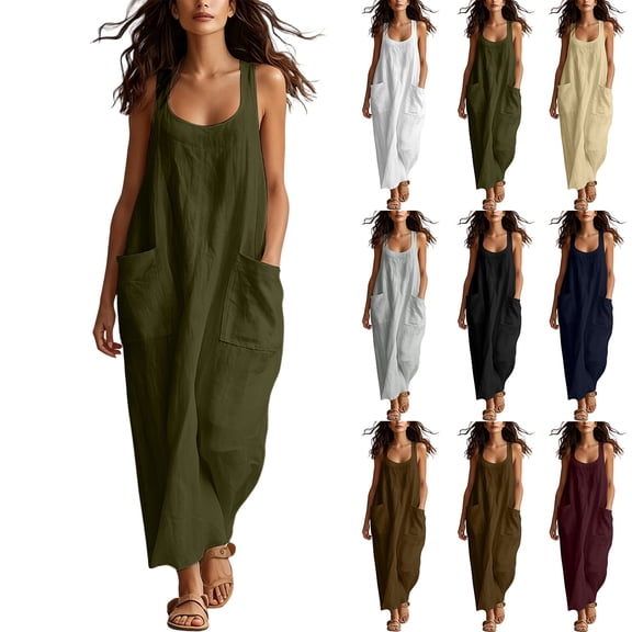 Hvogkswy Cotton Maxi Dresses for Women Solid Sleeveless Crew Neck Dress Boho Loose FLowy Side Pockets Casual Summer Vacation Long Dress