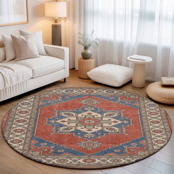 Round Area Rugs Collection 3 Ft, Red Blue Vintage Non-Slip Residential Carpet, Southwestern Ethnic Abstract Art Indoor Crawling Mats Doormat Runner Rugs Play Mat for Bedroom