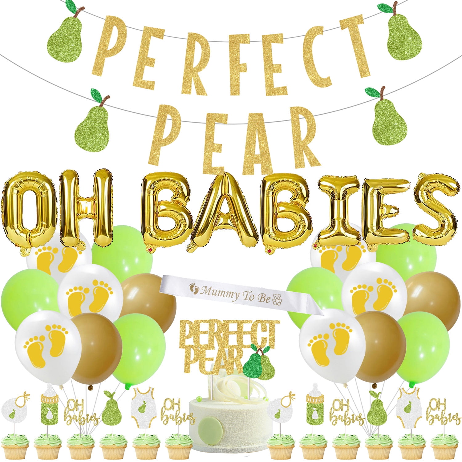 Pear Theme Twins Baby Shower Decorations, Gold Oh BabiesFoil Balloons, Perfect Pear Banner
